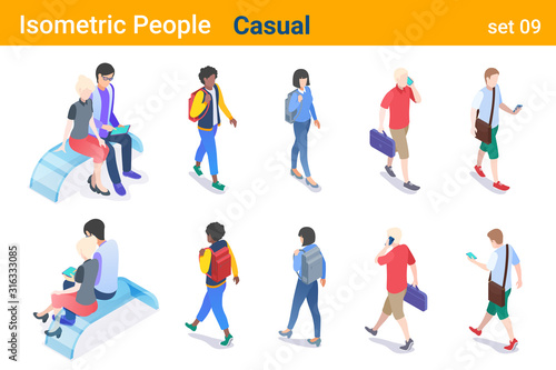 Isometric Casual People flat vector collection. Man and Woman walking, talking or looking on Mobile phone, sitting and hugging on bench  back and front poses