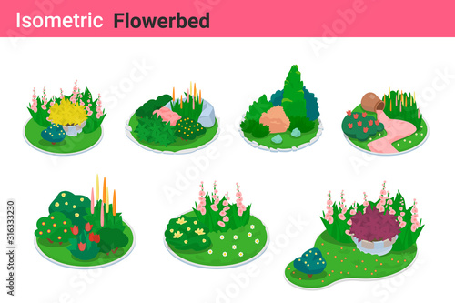 Isometric Flower bed flat vector collection. Garden bed Flowerbed landscape design elements.