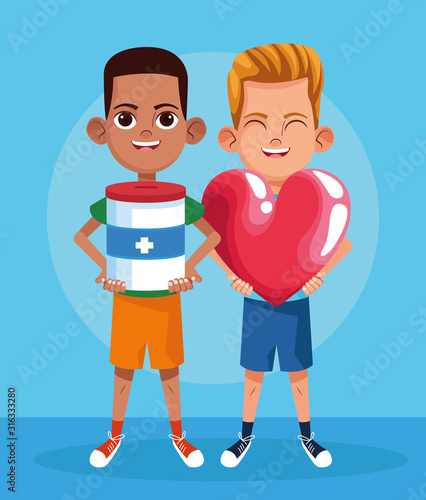 cartoon boys with donation tin and heart, colorful design