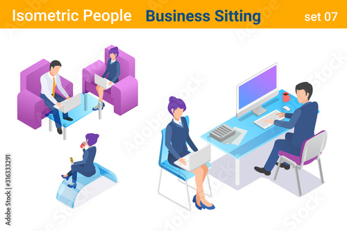 Isometric Business People flat vector collection. Businessman and Businesswoman sitting back and front poses