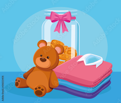 cute bear, money box and stack of men shirts, colorful design