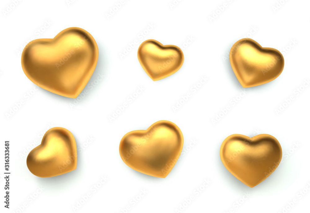 Obraz premium Set of amazing realistic golden hearts, isolated on white background. 3d vector template for Valentines day or wedding design greeting card. Vector illustration
