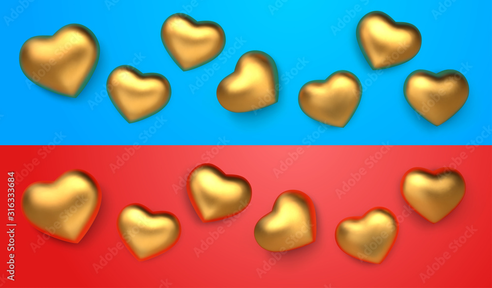 Set of amazing realistic golden hearts, isolated on red and blue background with blue and red reflex. 3d vector template for Valentines day or wedding design greeting card. Vector illustration Set of amazing realistic golden hearts, isolated on red and blue background with blue and red reflex. 3d vector template for Valentines day or wedding design greeting card. Vector illustration