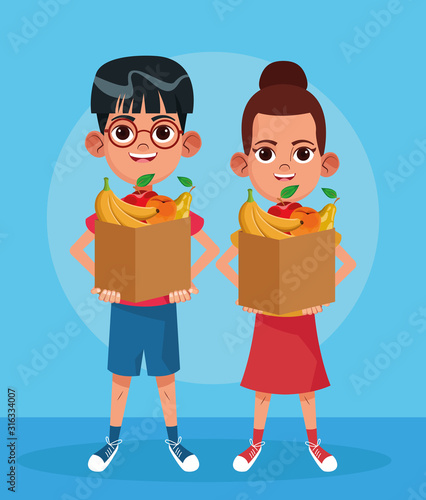 cartoon boy and woman standing holding a paper bags with fruits
