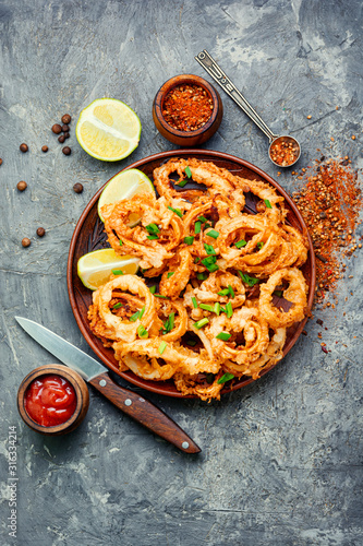 Fried squid rings breaded