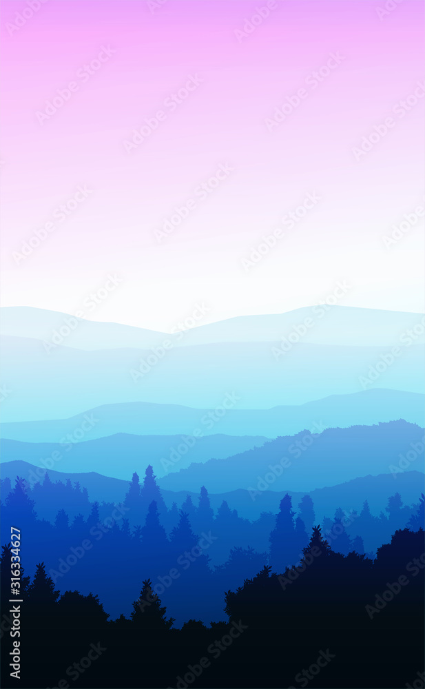Fototapeta premium Natural forest trees mountains horizon hills silhouettes of trees and hills in the evening Sunrise and sunset Landscape wallpaper Illustration vector style Colorful view background