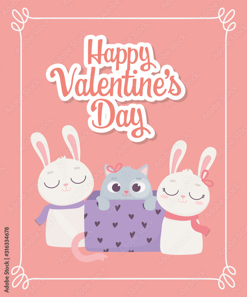 happy valentines day, little cat on gift box and cute rabbits with scarf