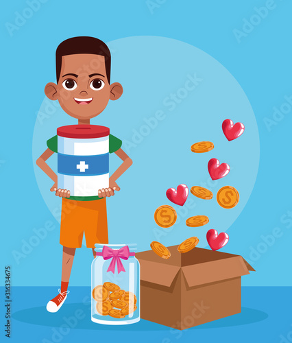 cartoon boy with donation tin, bottle with coins and box