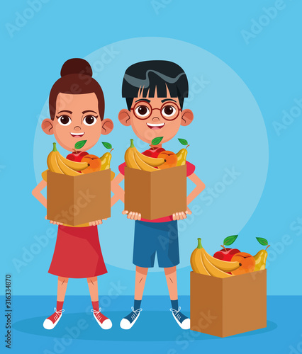cartoon boy and girl with boxes with fruits