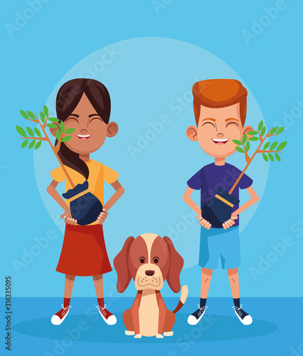 cartoon dog and girl and boy with plants, colorful design