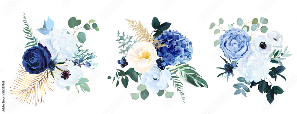 Obraz Classic blue, white rose, white hydrangea, ranunculus, anemone, thistle flowers, greenery and eucalyptus