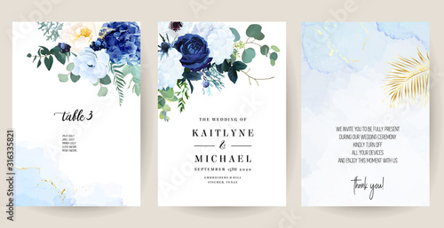 Classic blue, white rose, white hydrangea, ranunculus, anemone, thistle flowers