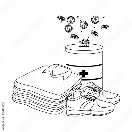 men shirts, donation tin and sport shoes, flat design