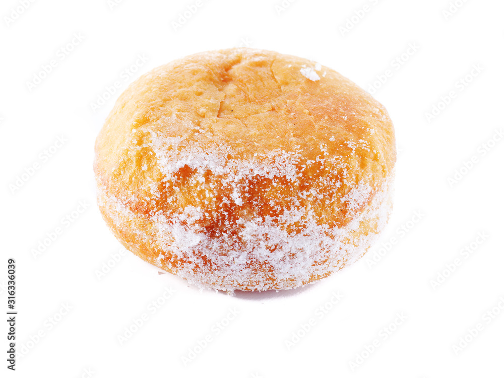 One doughnut on a white background, isolated, Bakery product. Side view. One doughnut on a white background, isolated, Bakery product. Side view.