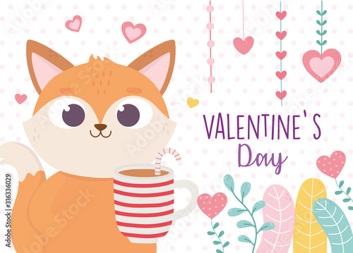 happy valentines day, cute fox with cup chocolate and candy cane hearts love foliage