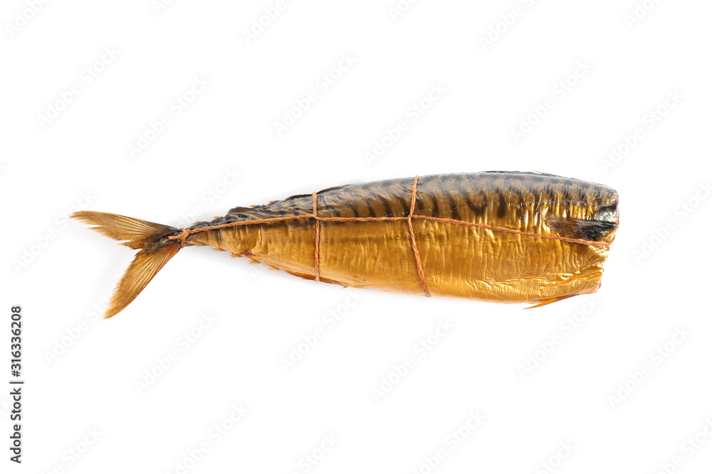 Tasty smoked fish isolated on white, top view