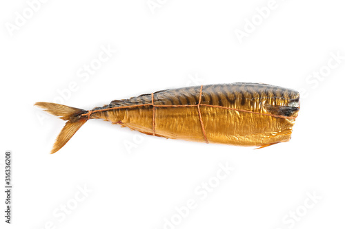 Tasty smoked fish isolated on white, top view