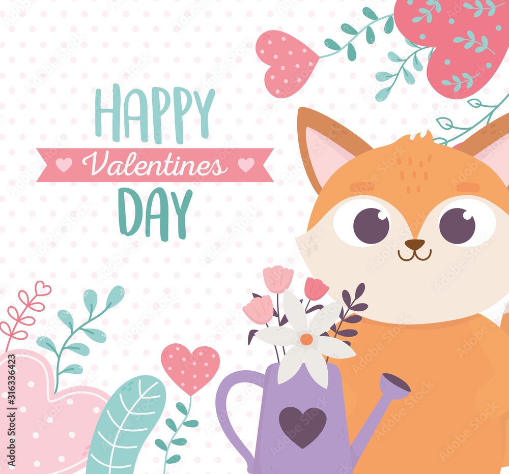 happy valentines day, cute fox watering can flowers plants hearts love