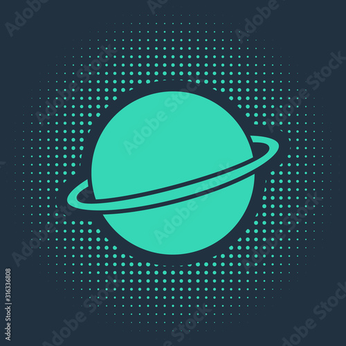 Green Planet Saturn with planetary ring system icon isolated on blue background. Abstract circle random dots. Vector Illustration