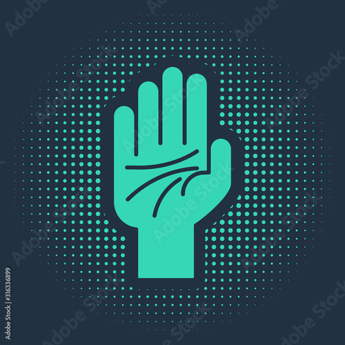 Green Palmistry of the hand icon isolated on blue background. Abstract circle random dots. Vector Illustration