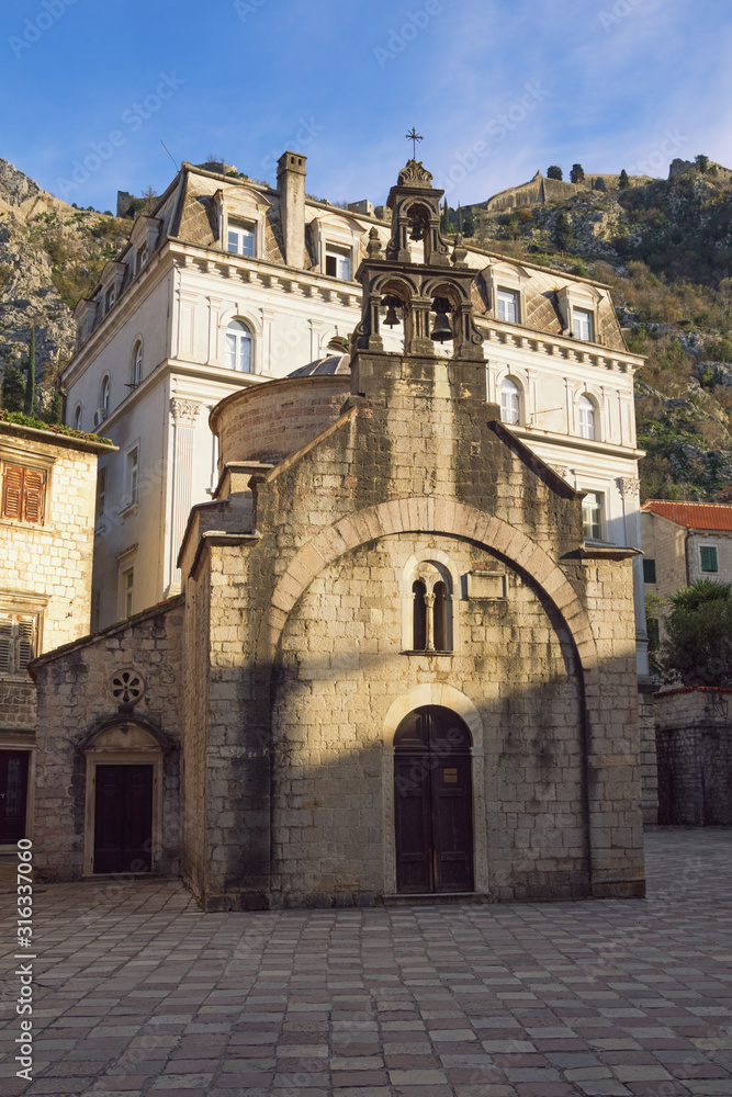 Religious architecture. Montenegro, Old Town of Kotor, UNESCO-World Heritage Site.  Church of St Luke on sunny winter day