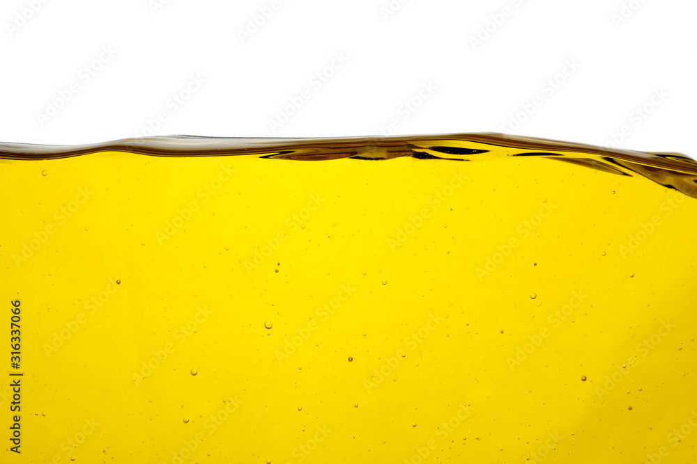 Cooking oil flow isolated on white. Color liquid - obrazy, fototapety, plakaty 