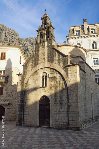 Religious architecture. Montenegro, Old Town of Kotor, UNESCO-World Heritage Site. View of Church of St Luke on sunny winter day