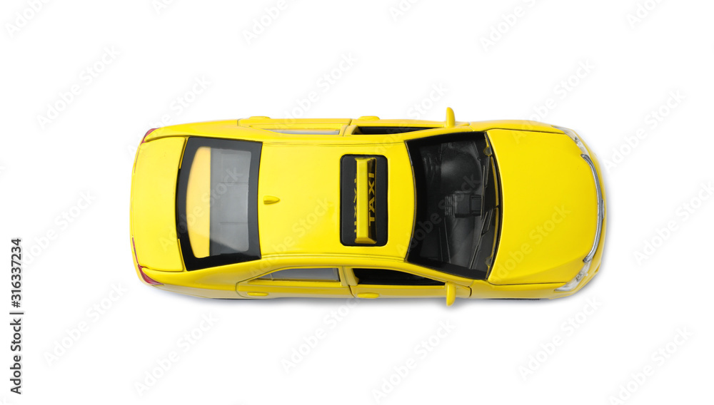 Yellow taxi car model on white background, top view