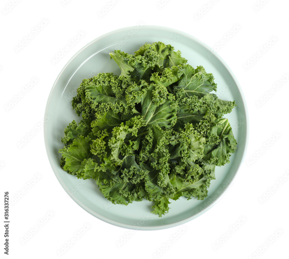 Fresh green kale leaves isolated on white, top view Fresh green kale leaves isolated on white, top view