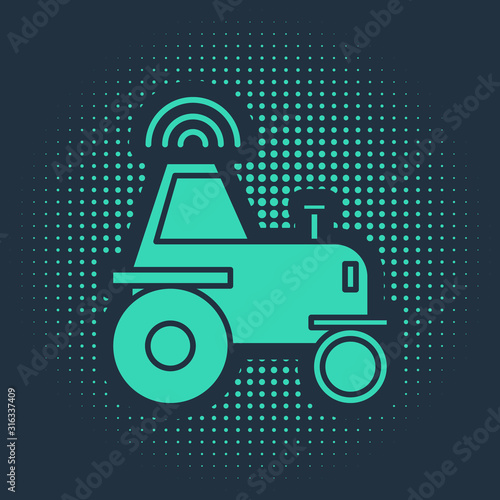Green Self driving wireless tractor on a smart farm icon isolated on blue background. Smart agriculture implement element. Abstract circle random dots. Vector Illustration