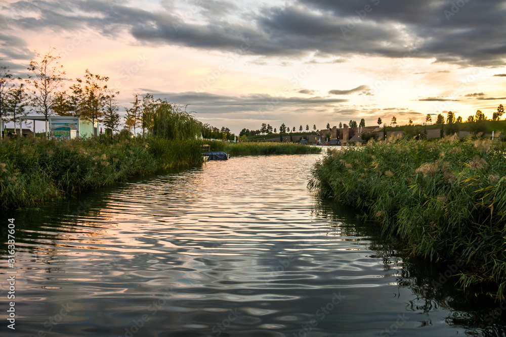 Fototapeta premium sunset at neckar side river stream