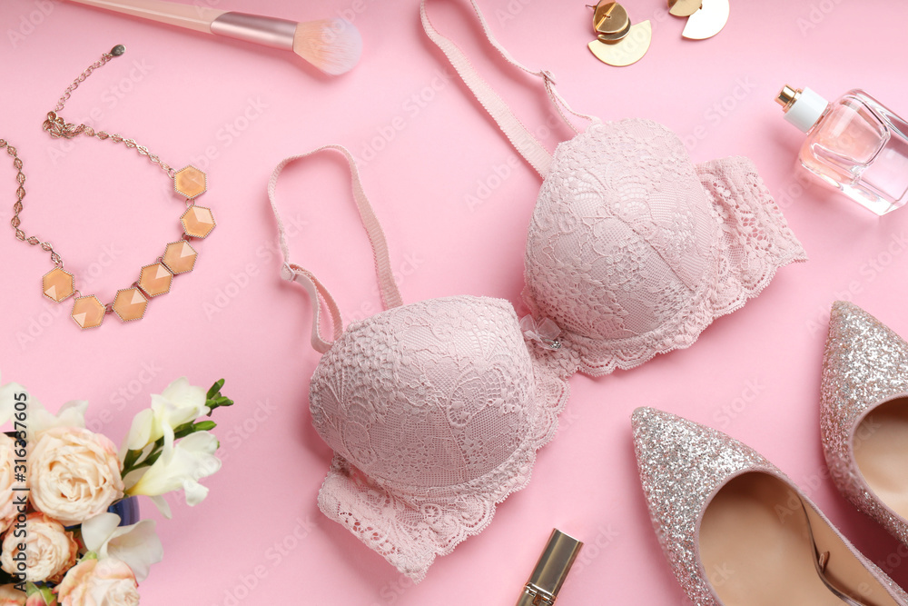 Flat lay composition with sexy women's underwear on pink background Flat lay composition with sexy women's underwear on pink background