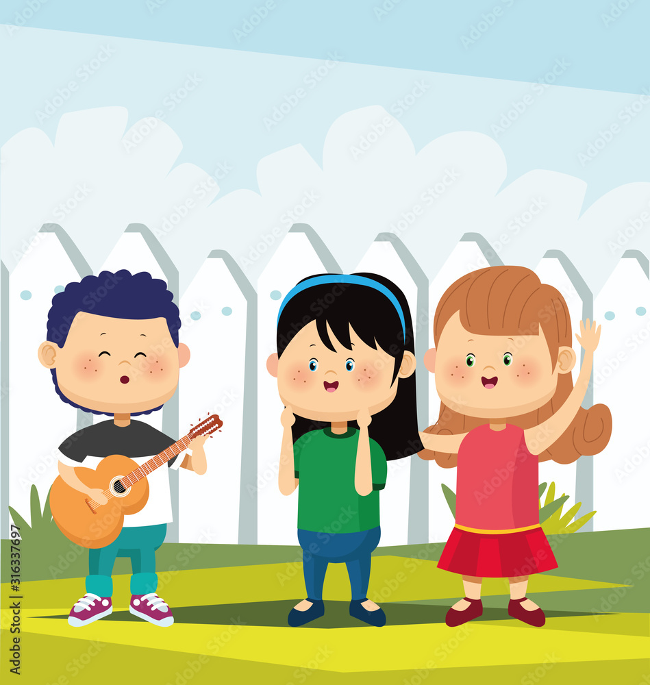 Cartoon cute boy playing guitar and singing to happy girls, colorful design