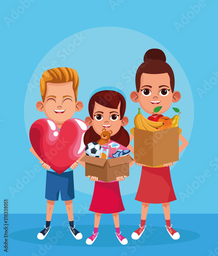 Cartoon boy with big heart and girls holding a boxes with donation stuffs, colorful design