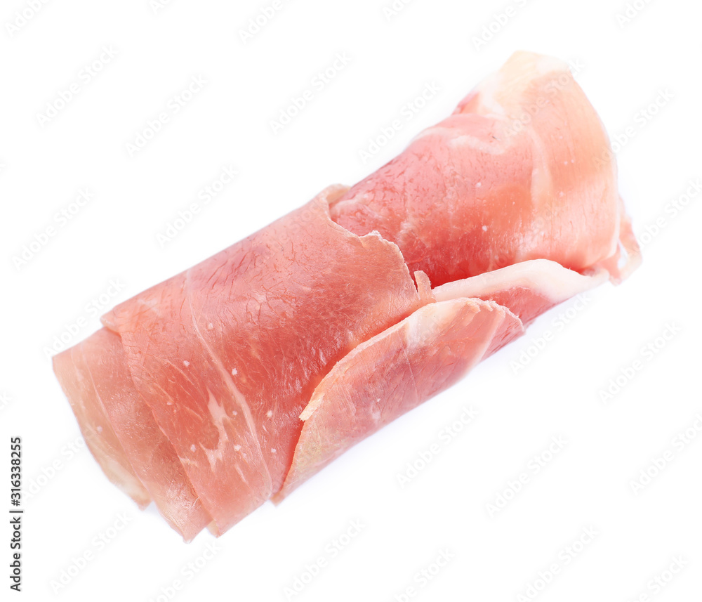Tasty prosciutto on white background, top view Tasty prosciutto on white background, top view