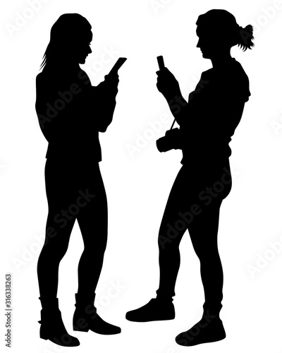 Young woman holds a smartphone in her hand. Isolated silhouettes of people on a white background