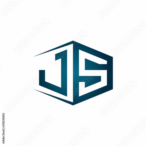 JS monogram logo with hexagon shape and negative space style ribbon design template