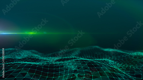 Abstract plexus triangle landscape mountain in cyan color and lens flare. Copy space low poly background with dots and connecting lines. Futuristic, big data, wallpaper, science. 3D rendering