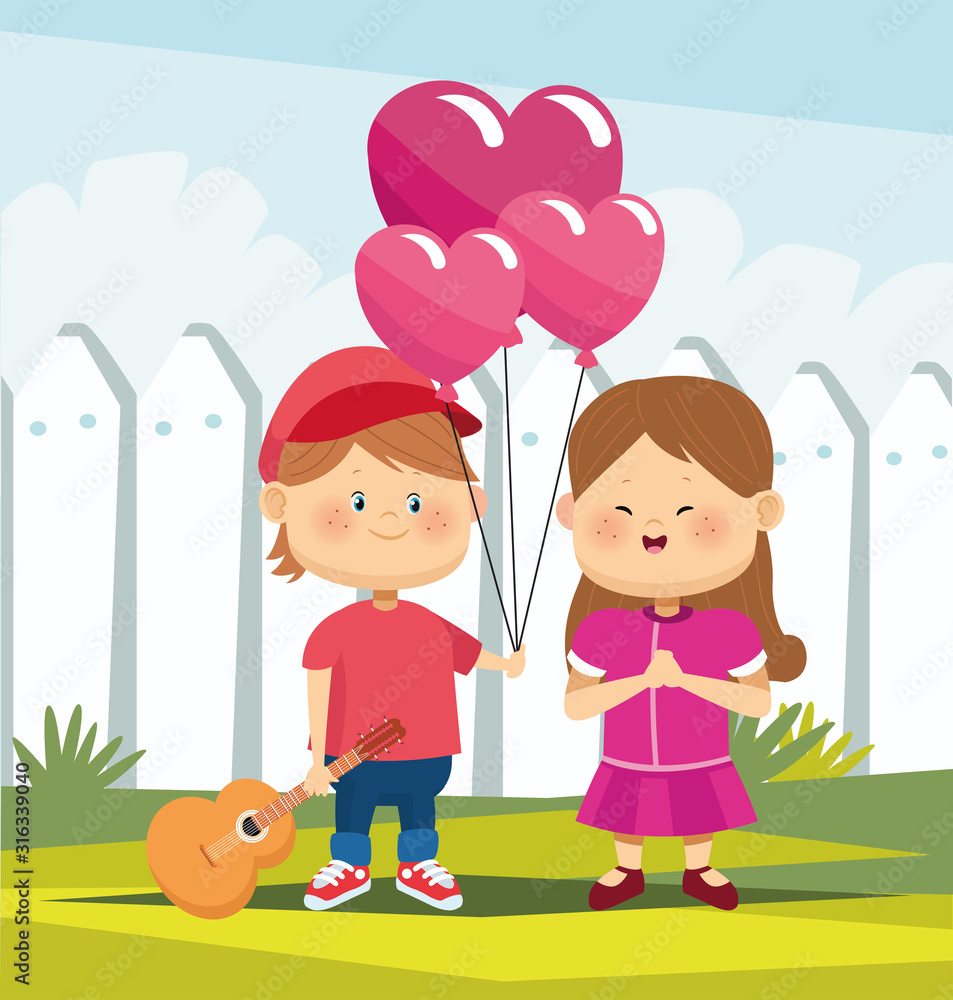cartoon boy in love holding a guitar and giving to his girlfriend heart balloons