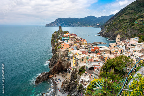 Vernazza village and Cinque Terre coastal area as seen from the Trial Sentiero Azzuro. Liguria, Italy.