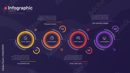 Vector infographic template with round graphic elements on a deep blue background. Four options