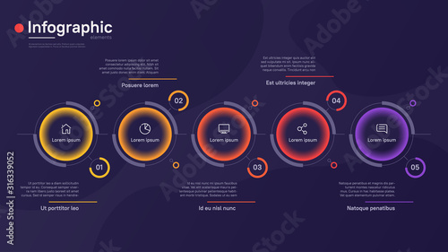 Vector infographic template with round graphic elements on a deep blue background. Five options