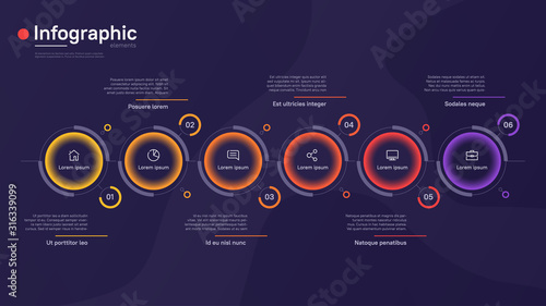 Vector infographic template with round graphic elements on a deep blue background. Six options