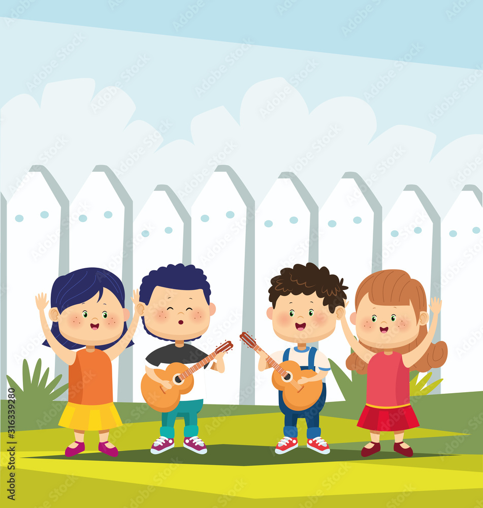 cartoon two boys playing guitars and two happy girls, colorful design