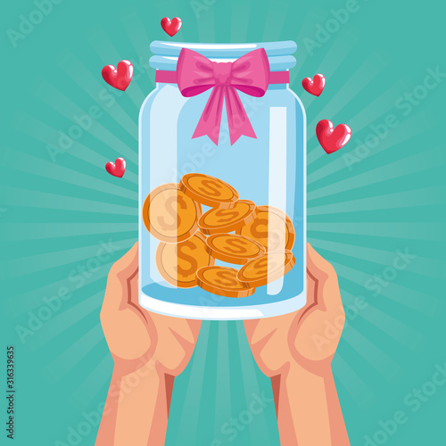 hands with glass bottle with coins and pink bow, colorful design