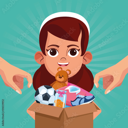 cartoon girl with donation stuffs box and hands, colorful design