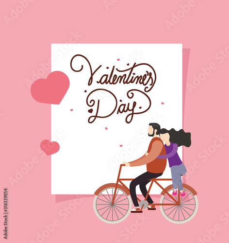 happy valentines day with lovers couple in bicycle