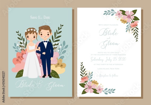 Save the date,cute couple cartoon with flower invitation card set