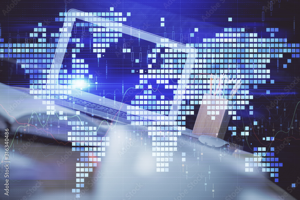 Multi exposure of business theme icons and work space with computer background. Concept of success. Multi exposure of business theme icons and work space with computer background. Concept of success.