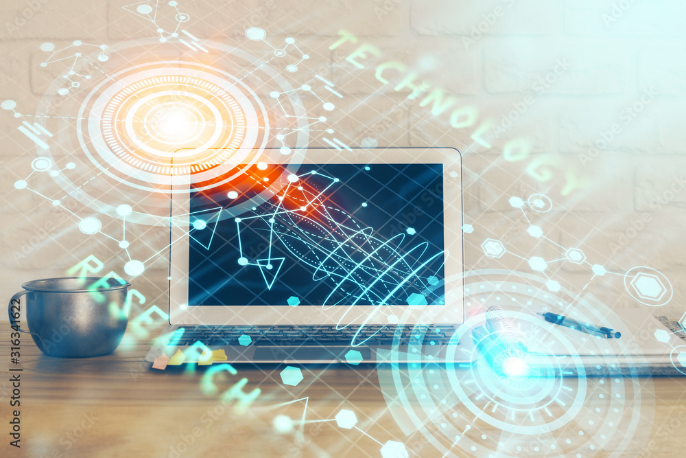 Double exposure of computer and technology theme hud. Concept of innovation. Double exposure of computer and technology theme hud. Concept of innovation.